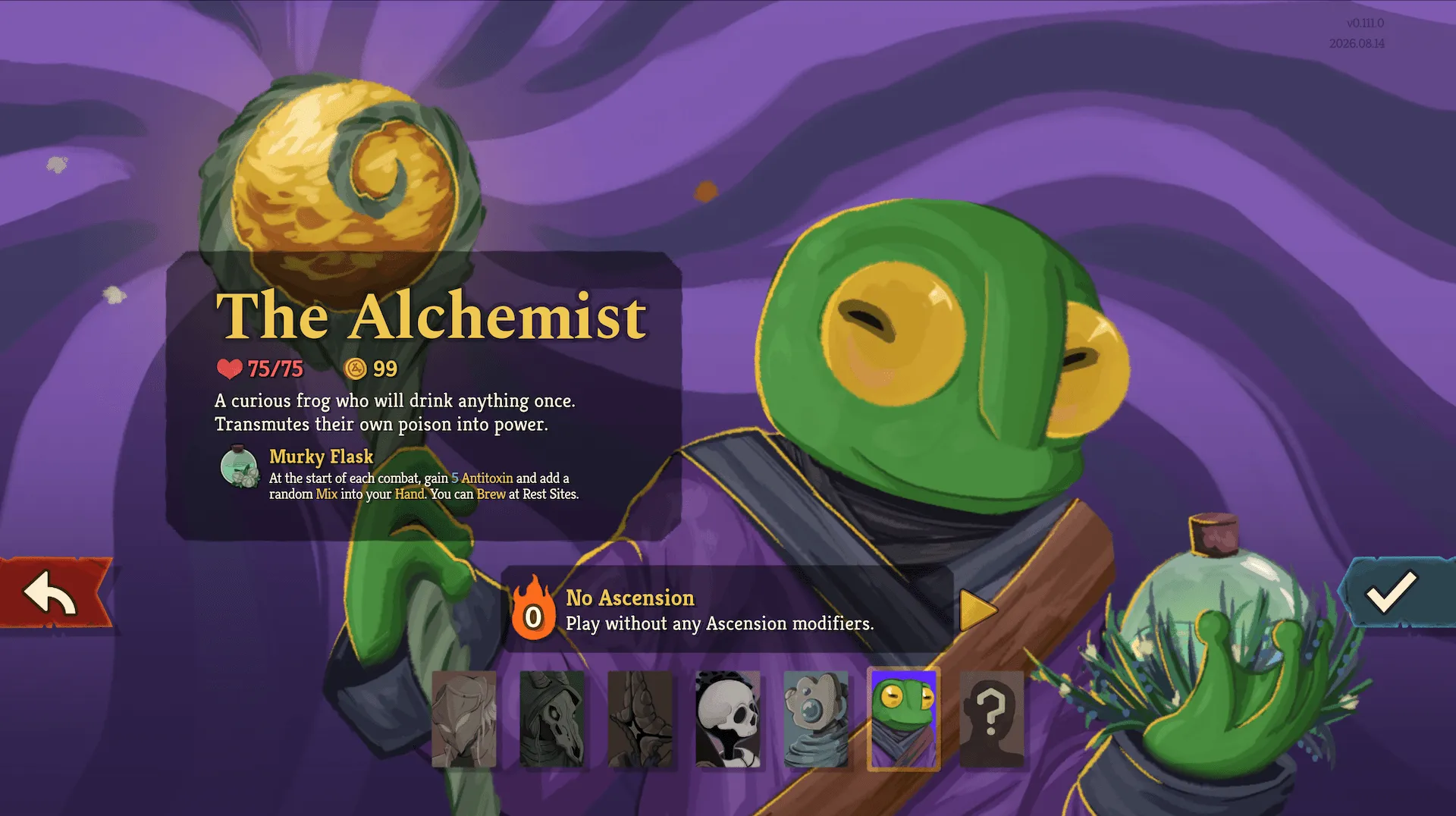 The Alchemist on the character select screen: a green frog in purple robes with a glowing staff.