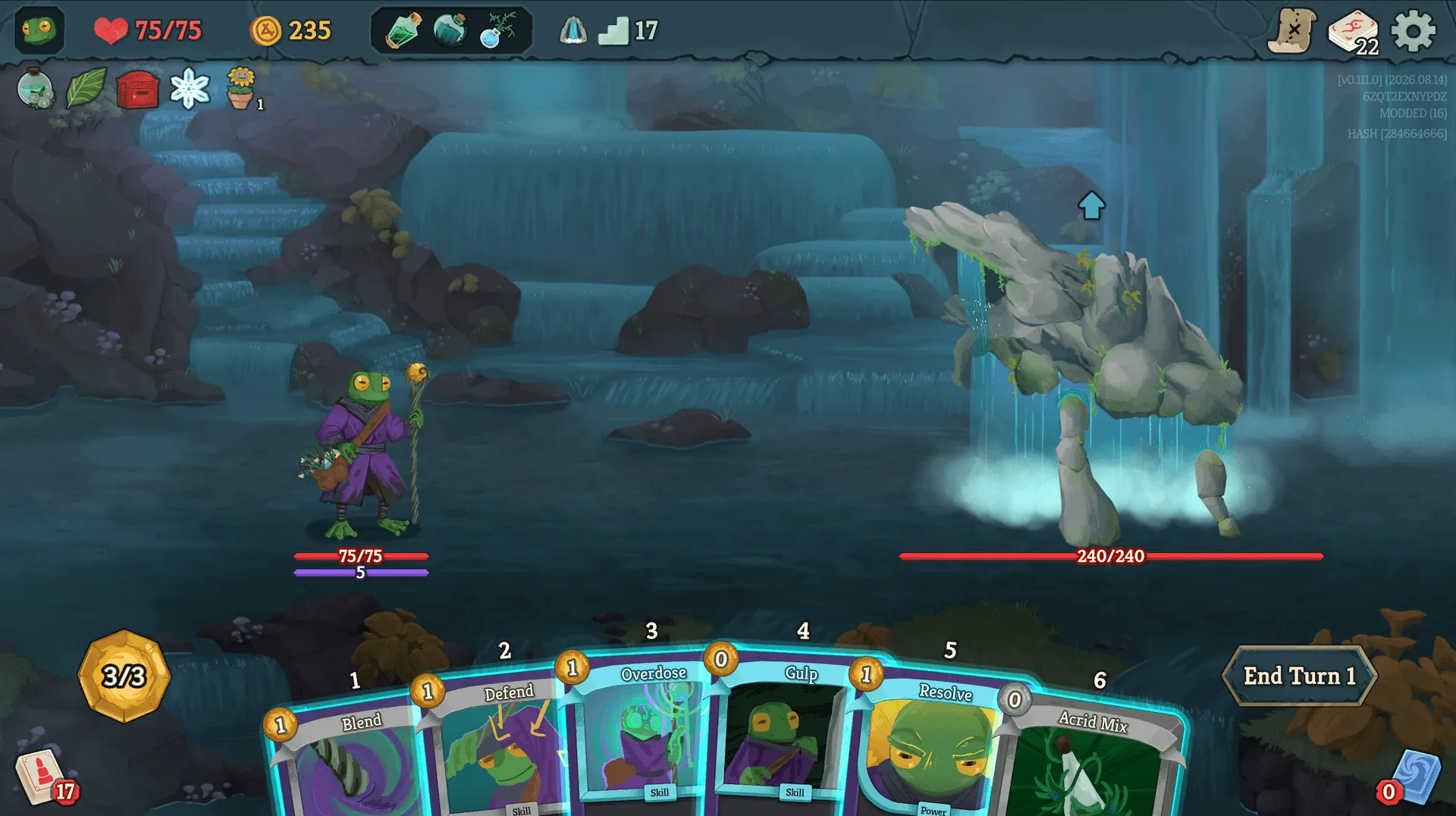 The Alchemist in a fight by a waterfall, with a hand of Alchemist cards.